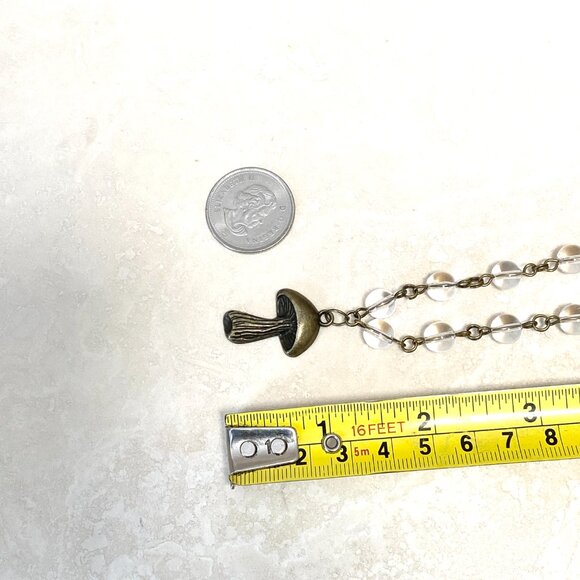 Genuine Clear Quartz Short Necklace, Bronze Slim Mushroom + Natural Gemstone - Picture 14 of 16